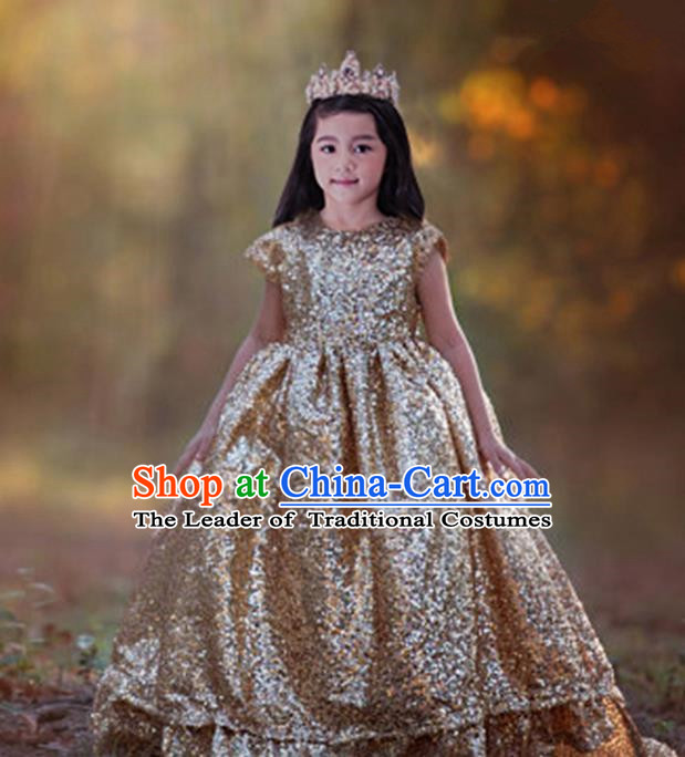 Top Grade Compere Professional Performance Catwalks Costume, Children Chorus Flower Fairy Gold Big Swing Wedding Veil Embroidery Formal Dress Modern Dance Baby Princess Ball Gown Long Trailing Dress for Girls Kids