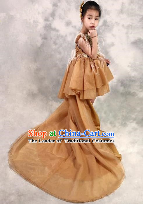 Top Grade Compere Professional Performance Catwalks Costume, Children Chorus Ostrich Feather Wedding Veil Formal Dress Modern Dance Baby Princess Ball Gown Long Trailing Dress for Girls Kids