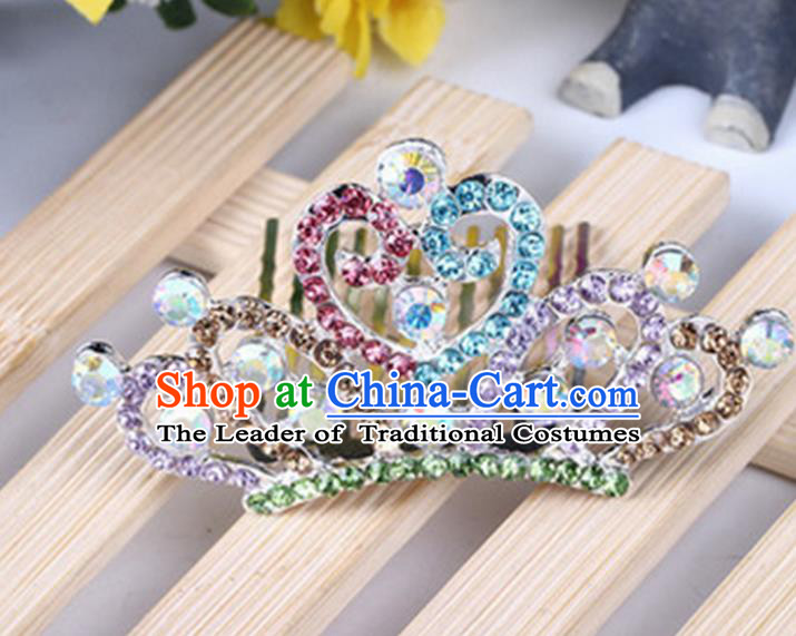 Top Grade Handmade Classical Hair Accessories, Children Baroque Style Colorized Crystal Princess Royal Crown Hair Comb Jewellery for Kids Girls