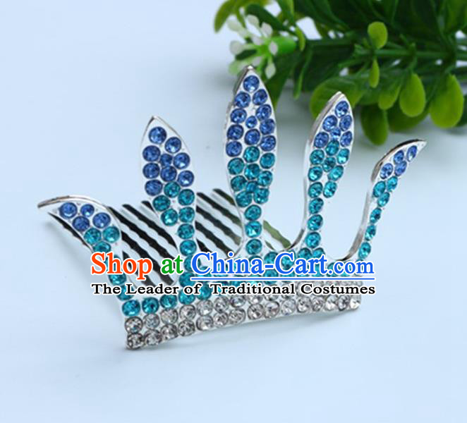 Top Grade Handmade Classical Hair Accessories, Children Baroque Style Blue Crystal Baby Princess Royal Crown Twist Inserted Comb Hair Comb Jewellery for Kids Girls