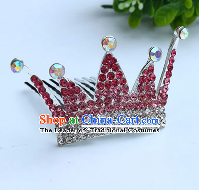 Top Grade Handmade Classical Hair Accessories, Children Baroque Style Red Crystal Baby Princess Royal Crown Twist Inserted Comb Hair Comb Jewellery for Kids Girls