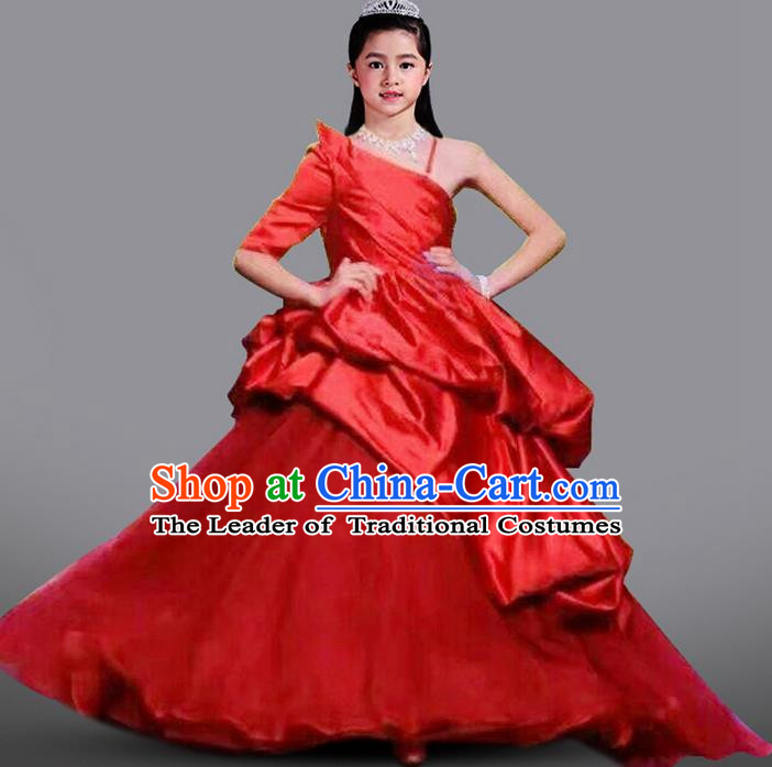 Top Grade Compere Professional Performance Catwalks Costume, Children Chorus Flower Fairy Red Wedding Veil Formal Dress Modern Dance Baby Princess Ball Gown Long Trailing Dress for Girls Kids