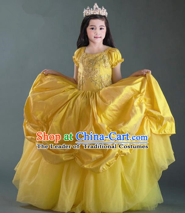 Top Grade Compere Professional Performance Catwalks Costume, Children Chorus Flower Fairy Yellow Wedding Veil Embroidery Formal Dress Modern Dance Baby Princess Ball Gown Long Trailing Dress for Girls Kids