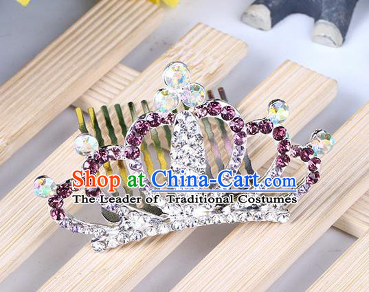 Top Grade Handmade Classical Hair Accessories, Children Baroque Style Purple Crystal Baby Princess Little Alloy Royal Crown Twist Inserted Comb Hair Comb Jewellery for Kids Girls