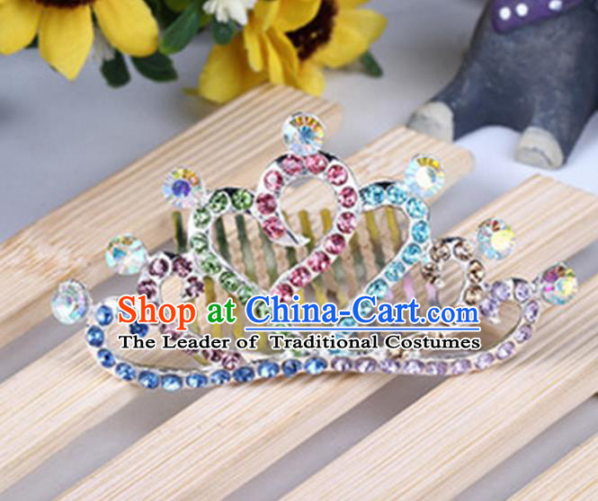 Top Grade Handmade Classical Hair Accessories, Children Baroque Style Colorized Crystal Baby Princess Little Alloy Heart-shaped Royal Crown Twist Inserted Comb Hair Comb Jewellery for Kids Girls