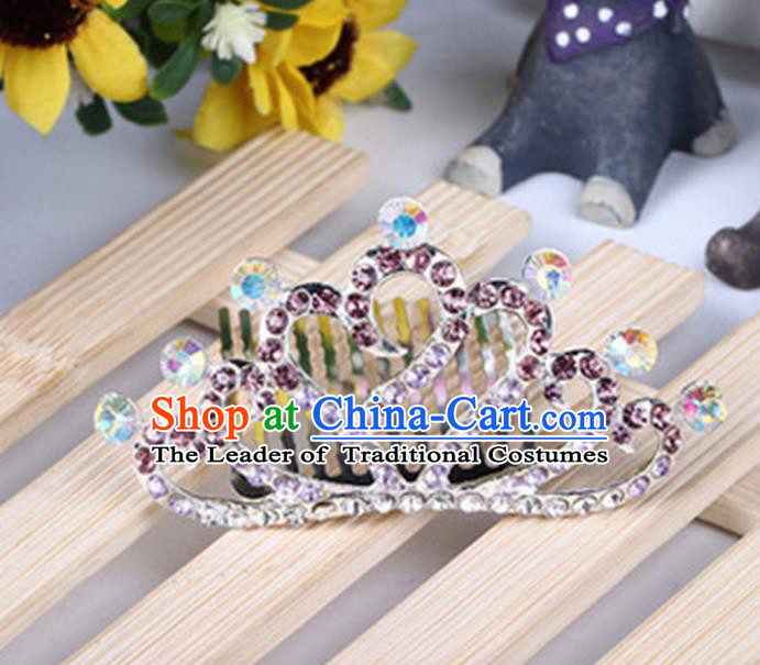 Top Grade Handmade Classical Hair Accessories, Children Baroque Style Purple Crystal Baby Princess Little Alloy Heart-shaped Royal Crown Twist Inserted Comb Hair Comb Jewellery for Kids Girls