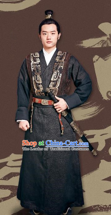 Traditional Ancient Chinese Housecarl Costume and Handmade Headpiece Complete Set, Chinese Television Concubine Meng Comes Across Knight Tang Dynasty Imperial Bodyguard Clothing for Men