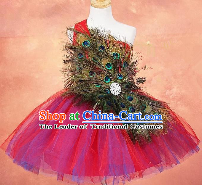 Top Grade Compere Professional Performance Catwalks Costume, Children Chorus Peacock Feathers Formal Dress Modern Dance Baby Princess Modern Fancywork Bubble Dress for Girls Kids