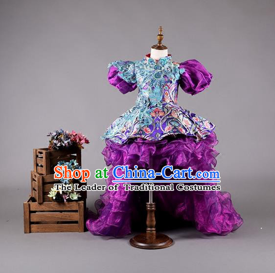 Top Grade Compere Professional Performance Catwalks Costume, China Tang Suit Cheongsam Children Chorus Formal Dress Modern Dance Baby Princess Modern Fancywork Long Trailing Dress for Girls Kids