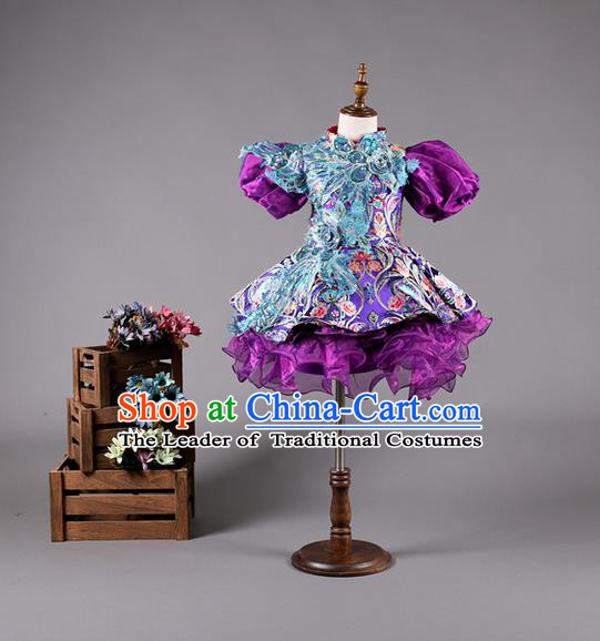 Top Grade Compere Professional Performance Catwalks Costume, China Tang Suit Cheongsam Children Chorus Formal Dress Modern Dance Baby Princess Modern Fancywork Bubble Dress for Girls Kids