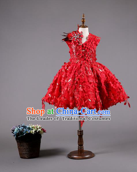 Top Grade Compere Professional Performance Catwalks Costume, Children Chorus Wedding Red Full Dress Modern Dance Baby Princess Modern Fancywork Bubble Dress for Girls