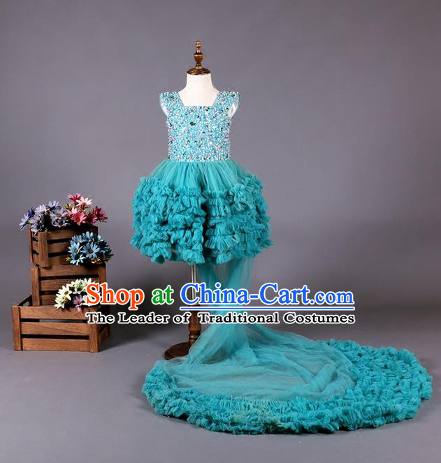 Top Grade Compere Professional Performance Catwalks Costume, Children Chorus Blue Long Trailing Wedding Bubble Full Dress Modern Dance Baby Princess Modern Fancywork Ball Gown Dress for Girls