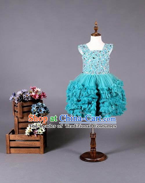 Top Grade Compere Professional Performance Catwalks Costume, Children Chorus Blue Wedding Bubble Full Dress Modern Dance Baby Princess Modern Fancywork Ball Gown Dress for Girls