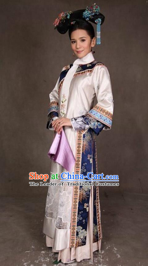 Traditional Ancient Chinese Qing Dynasty Senior Concubine Costume and Handmade Headpiece Complete Set, Chinese Zhen Huan Manchu Princess Imperial Consort Clothing for Women