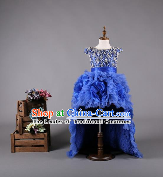 Top Grade Compere Professional Performance Catwalks Costume, Children Chorus Blue Bubble Formal Dress Modern Dance Baby Princess Ball Gown Modern Fancywork Long Trailing Dress for Girls Kids