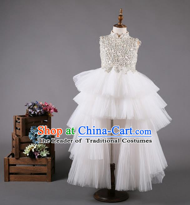 Top Grade Compere Professional Performance Catwalks Costume, Children Chorus White Bubble Full Dress Modern Dance Baby Princess Modern Fancywork Long Trailing Dress for Girls Kids