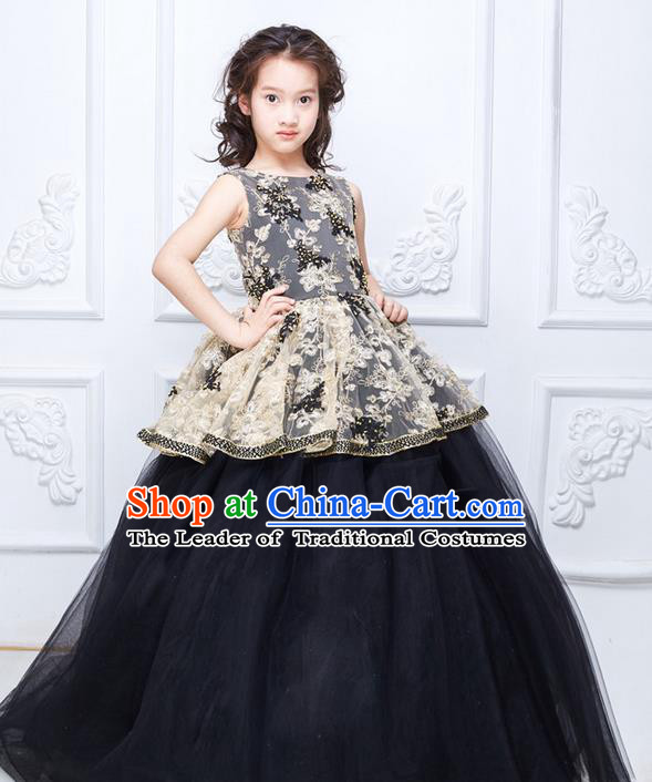 Top Grade Compere Professional Performance Catwalks Costume, Children Chorus Black Bubble Full Dress With Wings Modern Dance Baby Princess Modern Fancywork Ball Gown Long Dress for Girls Kids