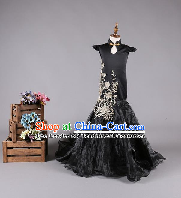 Top Grade Compere Professional Performance Catwalks Costume, China Tang Suit Black Cheongsam Children Chorus Fishtail Full Dress Modern Dance Baby Princess Modern Fancywork Mermaid Long Trailing Dress for Girls Kids