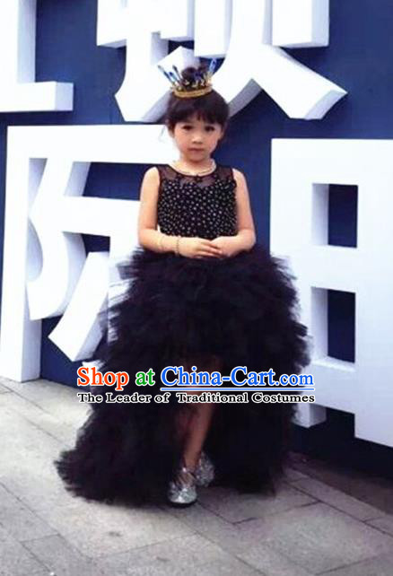 Top Grade Compere Professional Performance Catwalks Costume, Children Chorus Black Full Dress Ball Gown Modern Dance Baby Princess Modern Fancywork Long Trailing Dress for Girls Kids