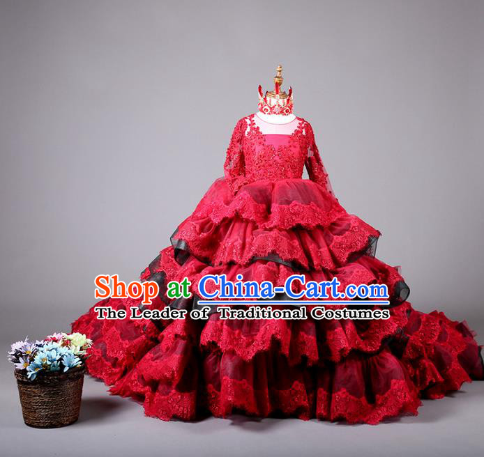 Top Grade Compere Professional Performance Catwalks Costume, Children Chorus Customize Red Bubble Full Dress Modern Dance Baby Princess Modern Fancywork Ball Gown Layered Dress for Girls Kids