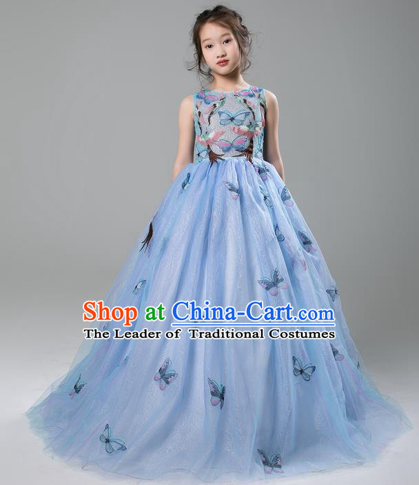 Top Grade Compere Professional Performance Catwalks Costume, Children Chorus Customize Blue Bubble Full Dress Modern Dance Baby Princess Modern Fancywork Long Dress for Girls Kids