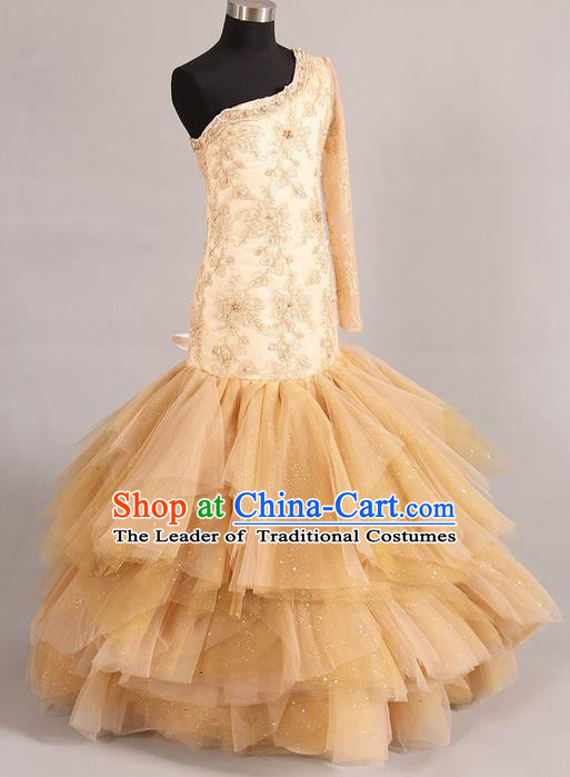 Top Grade Compere Professional Performance Catwalks Costume, Children Chorus Pink Bubble Veil Fishtail Formal Dress Modern Dance Baby Princess Modern Fancywork Ball Gown Long Mermaid Dress for Girls Kids