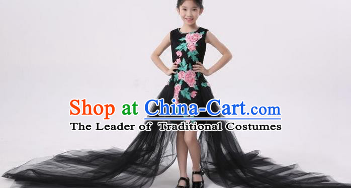 Top Grade Compere Professional Performance Catwalks Costume, Children Chorus Customize Black Full Dress Modern Dance Baby Princess Modern Fancywork Long Trailing Dress for Girls Kids