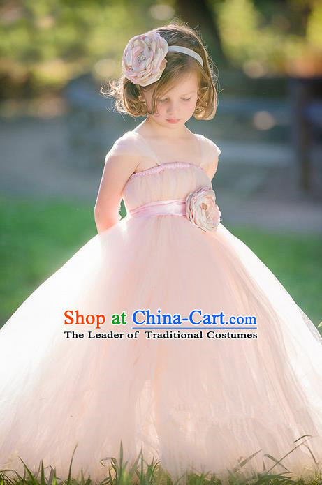 Top Grade Compere Professional Performance Catwalks Costume, Children Chorus Handmade Customize Pink Bubble Full Dress Modern Dance Baby Princess Modern Fancywork Ball Gown Dress for Girls Kids