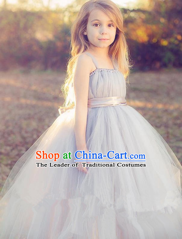 Top Grade Compere Professional Performance Catwalks Costume, Children Chorus Handmade Customize Grey Bubble Full Dress Modern Dance Baby Princess Modern Fancywork Ball Gown Dress for Girls Kids