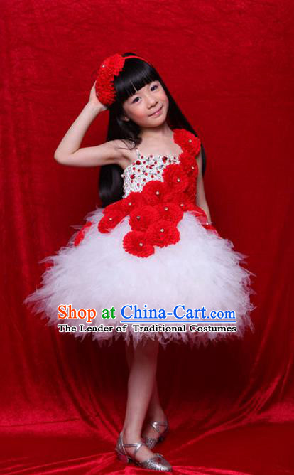 Top Grade Compere Professional Performance Catwalks Costume, Children Chorus Handmade Customize White Veil Bubble Full Dress Modern Dance Baby Princess Modern Fancywork Ball Gown Dress for Girls Kids