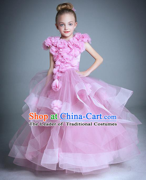 Top Grade Compere Professional Performance Catwalks Costume, Children Chorus Handmade Customize Pink Flowers Bubble Full Dress Modern Dance Baby Princess Modern Fancywork Ball Gown Long Trailing Dress for Girls Kids