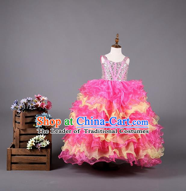 Top Grade Compere Professional Performance Catwalks Costume, Children Chorus Handmade Customize Pink Bubble Full Dress Modern Dance Baby Princess Modern Fancywork Ball Gown Long Dress for Girls Kids