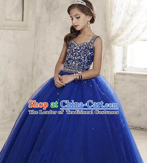 Top Grade Compere Professional Performance Catwalks Costume, Children Chorus Handmade Customize Blue Veil Crystal Bubble Full Dress Modern Dance Baby Princess Modern Fancywork Ball Gown Long Dress for Girls Kids