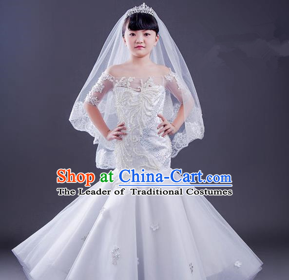 Top Grade Compere Professional Performance Catwalks Costume, Children Chorus White Fishtail Wedding Full Dress Modern Dance Baby Princess Modern Fancywork Ball Gown Long Mermaid Dress for Girls Kids