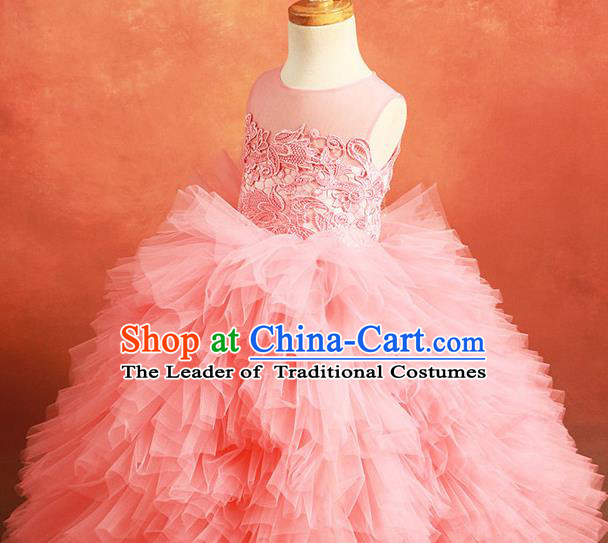 Top Grade Compere Professional Performance Catwalks Costume, Children Chorus Customize Pink Wedding Bubble Full Dress Modern Dance Baby Princess Modern Fancywork Ball Gown Short Dress for Girls Kids