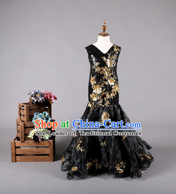 Top Grade Compere Professional Performance Catwalks Costume, Children Chorus Customize Black Fishtail Formal Dress Modern Dance Baby Princess Modern Fancywork Ball Gown Long Mermaid Dress for Girls Kids