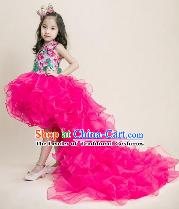 Top Grade Compere Professional Performance Catwalks Costume, Children Chorus Pink Veil Formal Dress Modern Dance Baby Princess Modern Fancywork Long Trailing Dress for Girls Kids