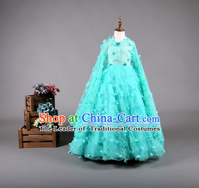 Top Grade Compere Professional Performance Catwalks Costume, Children Chorus Blue Bubble Batwing Sleeve Full Dress Modern Dance Baby Princess Modern Fancywork Dress for Girls Kids