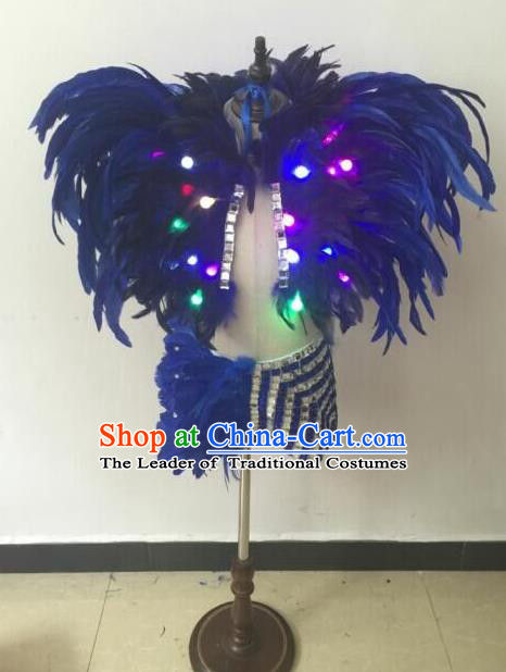 Top Grade Compere Professional Performance Catwalks Swimsuit Costume, Children Chorus Blue Feather Formal Dress Modern Dance Modern Fancywork Led Clothing for Boys Kids