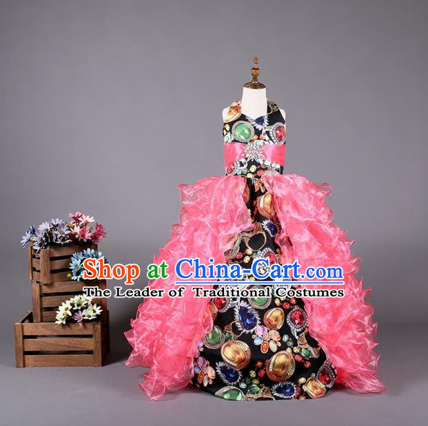 Top Grade Compere Professional Performance Catwalks Costume, Children Chorus Customize Pink Bubble Veil Full Dress Modern Dance Baby Princess Modern Fancywork Long Ball Gown Dress for Girls Kids