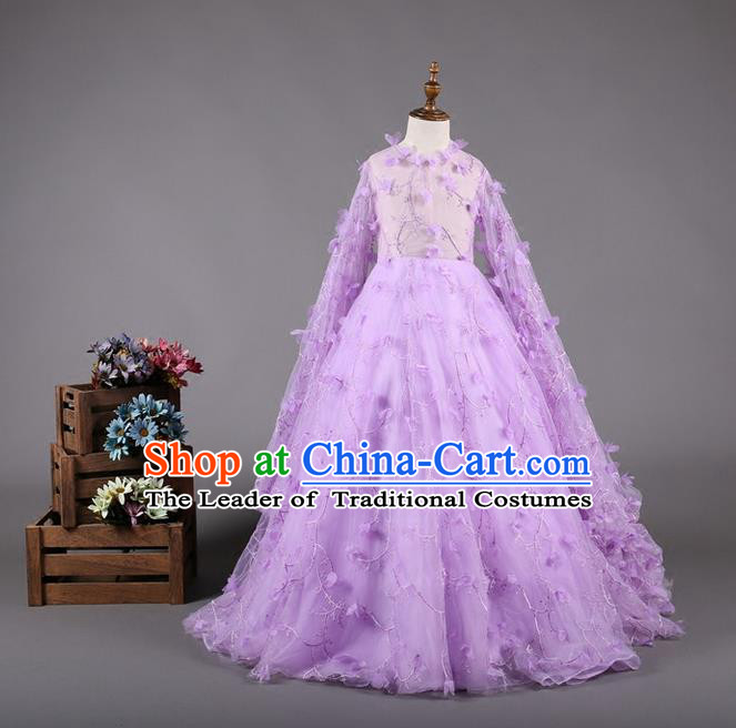 Top Grade Compere Professional Performance Catwalks Costume, Children Chorus Purple Bubble Batwing Sleeve Full Dress Modern Dance Baby Princess Modern Fancywork Dress for Girls Kids