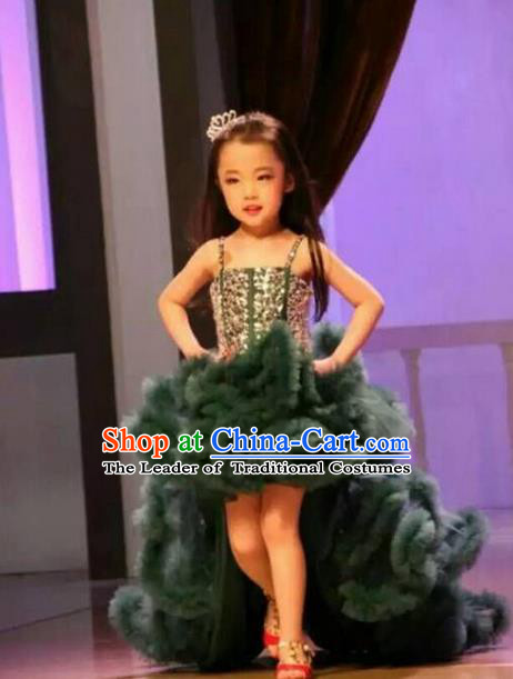 Top Grade Compere Professional Performance Catwalks Costume, Children Chorus Customize Green Bubble Full Dress Modern Dance Baby Princess Modern Fancywork Long Trailing Dress for Girls Kids