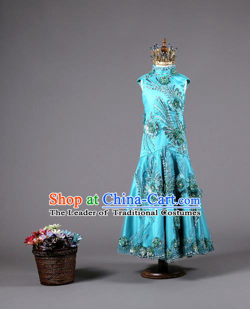 Top Grade Compere Professional Performance Catwalks Costume, China Tang Suit Blue Cheongsam Children Chorus Fishtail Full Dress Modern Dance Baby Princess Modern Fancywork Long Dress for Girls Kids