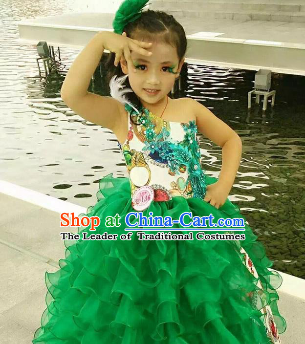 Top Grade Compere Professional Performance Catwalks Costume, Children Chorus Green Bubble Full Dress Modern Dance Baby Princess Modern Fancywork Short Dress for Girls Kids