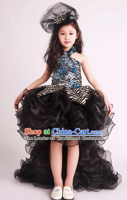 Top Grade Compere Professional Performance Catwalks Long Trailing Costume, Children Chorus Black Veil Full Dress Modern Dance Baby Princess Modern Fancywork Bubble Dress for Girls Kids