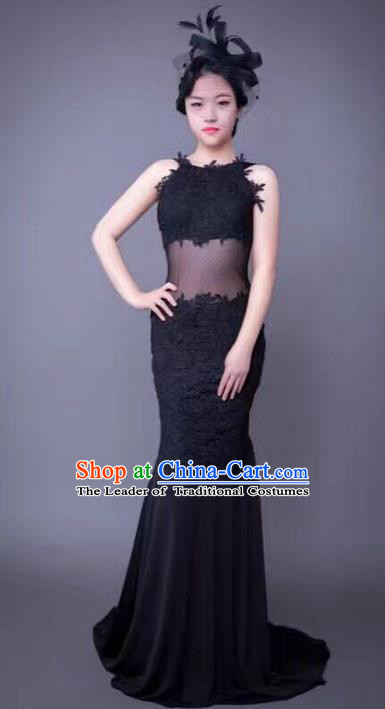 Top Grade Compere Professional Performance Catwalks Trailing Costume, Children Chorus Black Backless Fishtail Full Dress Modern Dance Baby Princess Modern Fancywork Mermaid Dress for Girls Kids