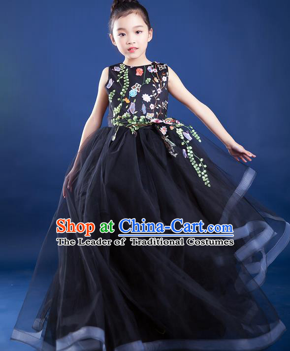 Top Grade Compere Professional Performance Catwalks Trailing Costume, Children Chorus Black Big Swing Veil Fishtail Full Dress Modern Dance Baby Princess Modern Fancywork Long Dress for Girls Kids