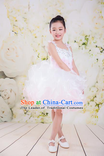 Top Grade Compere Professional Performance Catwalks Costume, Children Chorus White Veil Wedding Bubble Full Dress Modern Dance Baby Princess Modern Fancywork Short Ball Gown Dress for Girls Kids