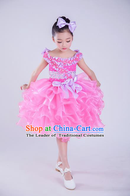 Top Grade Compere Professional Performance Catwalks Costume, Children Chorus Pink Veil Wedding Bubble Full Dress Modern Dance Baby Princess Modern Fancywork Short Ball Gown Dress for Girls Kids