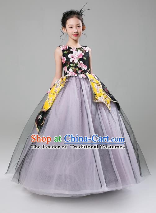 Top Grade Professional Compere Performance Catwalks Costume, Children Chorus Singing Group Bubble Full Dress Modern Dance Ball Gown Dress for Girls Kids